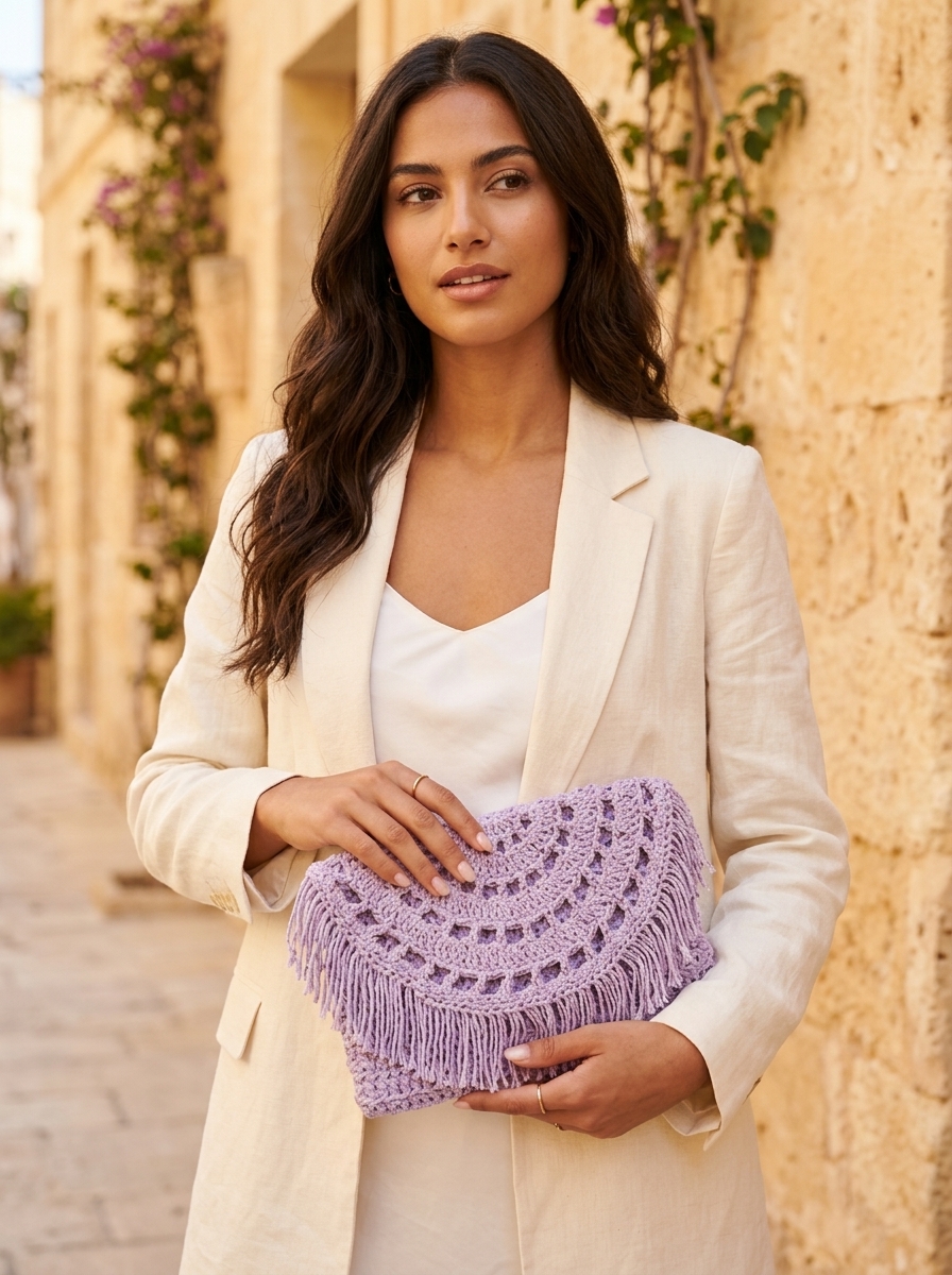 Woman in a cream linen blazer holding the finished lavender fringed crochet clutch bag pattern.