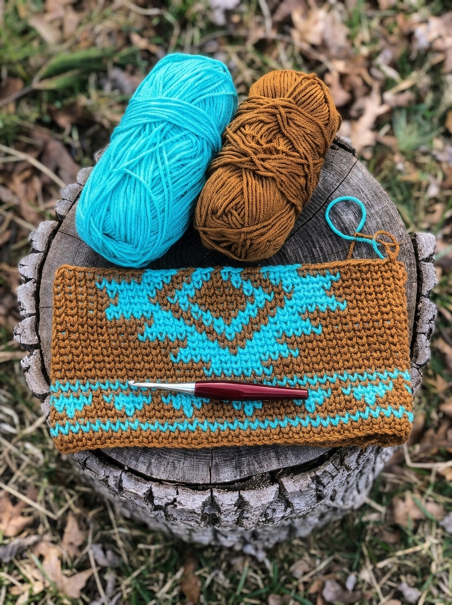 Unfinished crochet crossbody bag pattern on a rustic tree stump with golden brown yarn, turquoise yarn, and 5.5 mm crochet hook