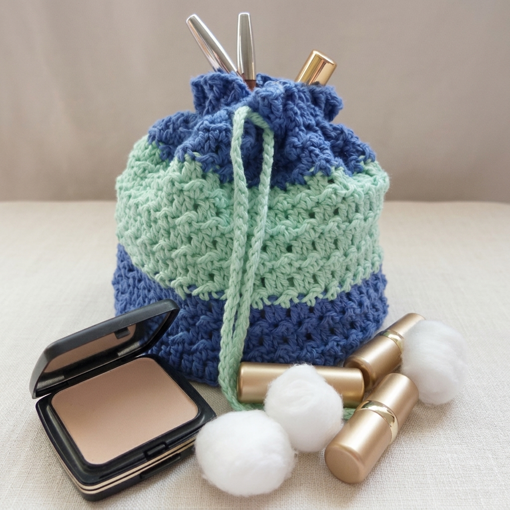 Denim blue and mint green crochet makeup bag pattern holding brushes beside cosmetics on a cream linen surface.