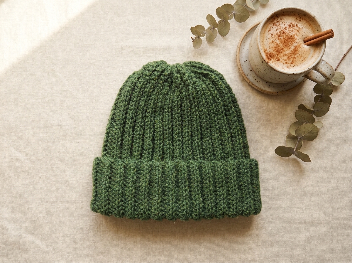 Forest moss green crochet ribbed beanie with folded cuff laid flat beside a cinnamon latte and eucalyptus