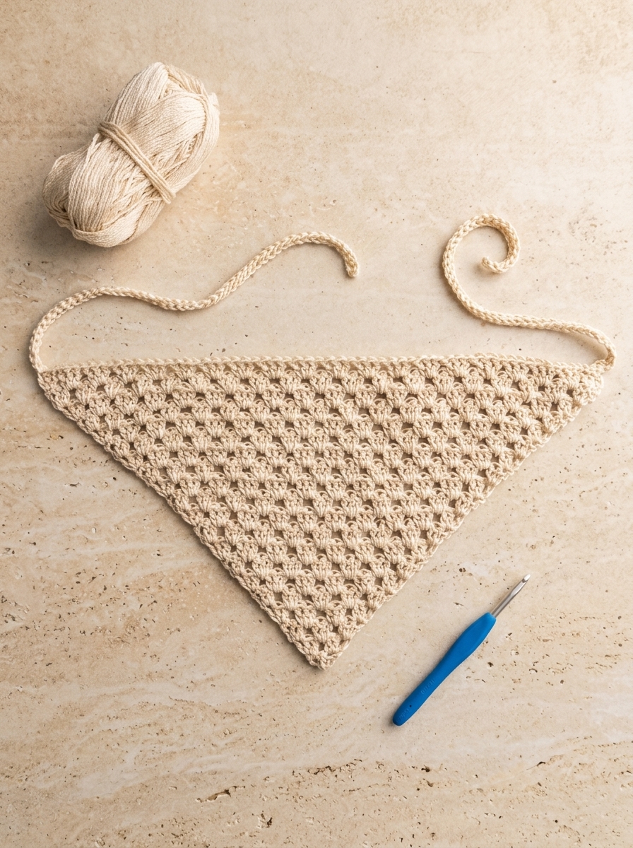 Finished cream cotton crochet bandana pattern laid flat with yarn skein and blue 4.0 mm crochet hook