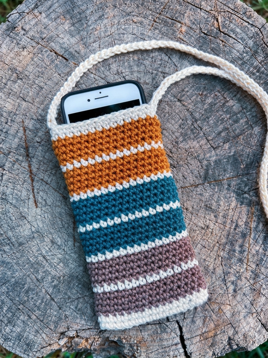 Finished retro striped crochet phone pouch pattern in cream, taupe, teal, and amber cotton yarn