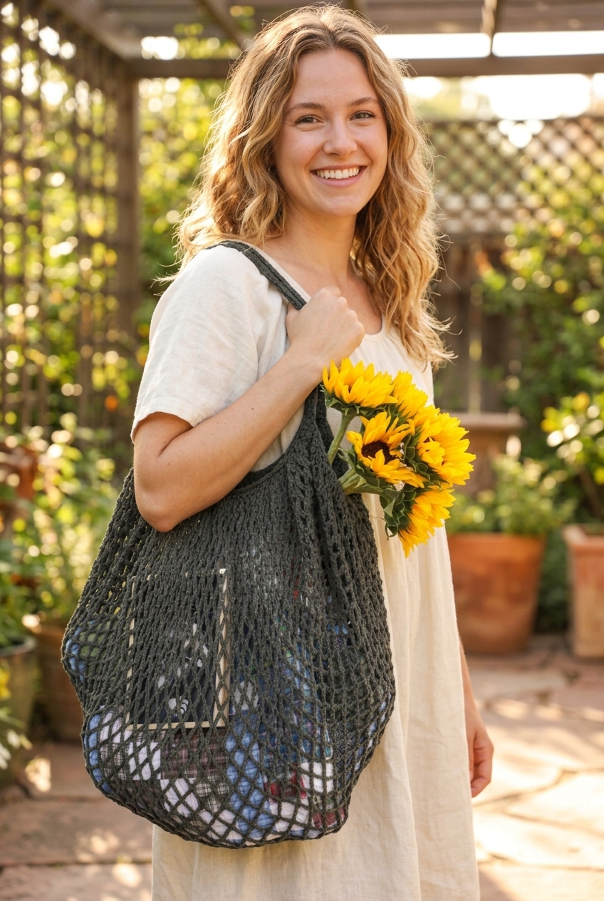 mesh market crochet bag filled with fresh sunflowers held outdoors