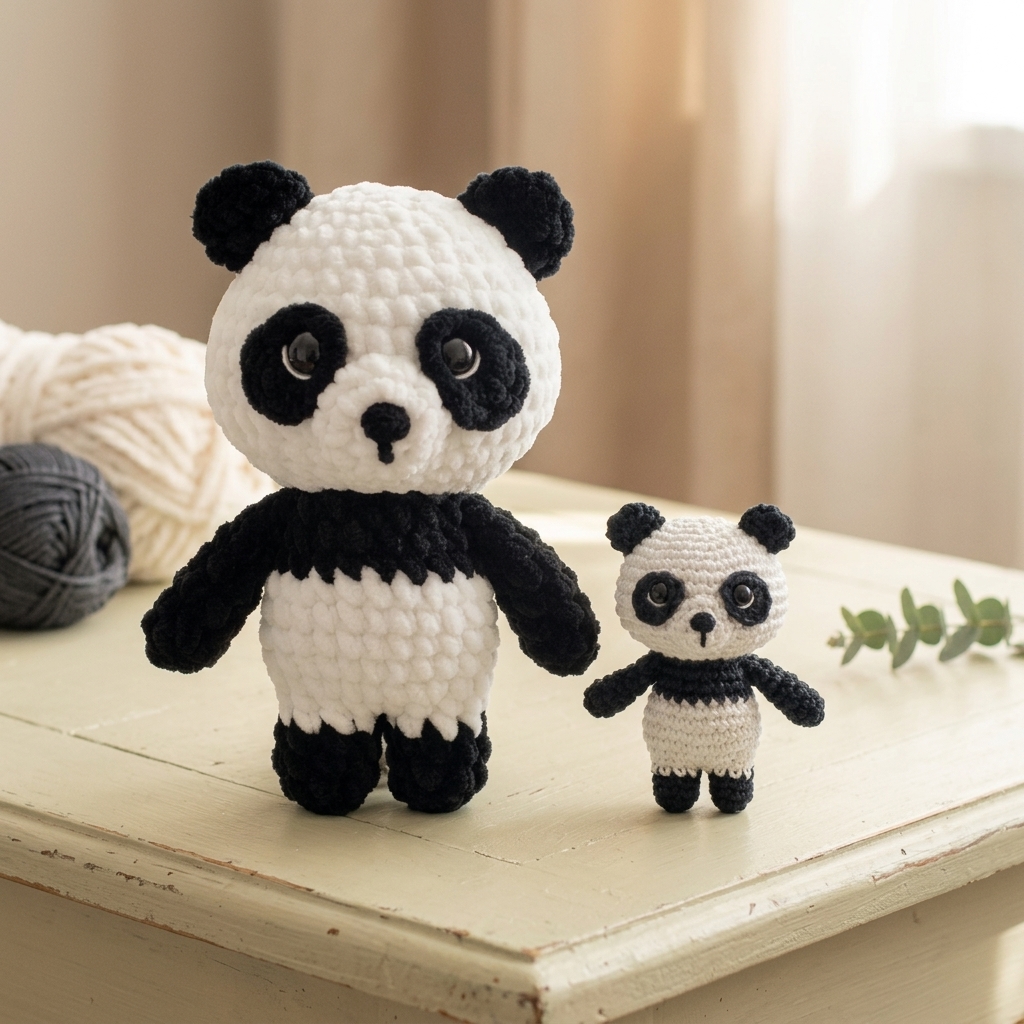 Front comparison of the chenille plushie and mini sport cotton panda made with this free panda crochet pattern
