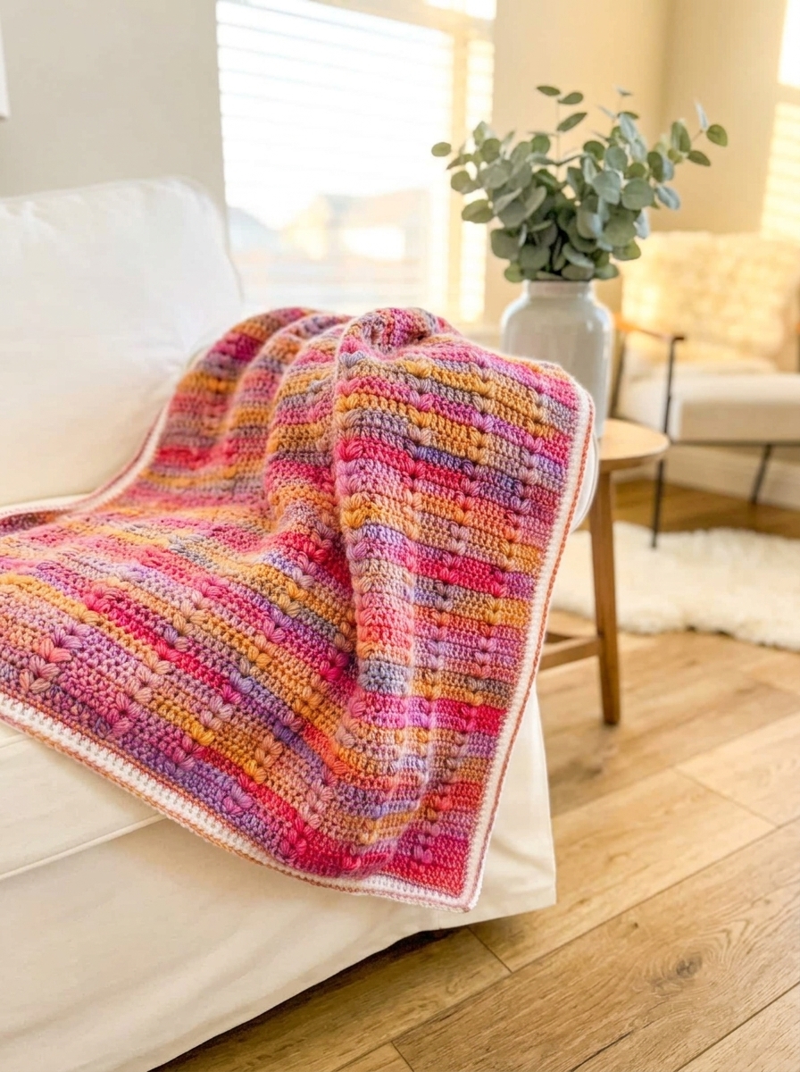 Happy Hearts puff stitch crochet blanket draped over a sunlit armchair