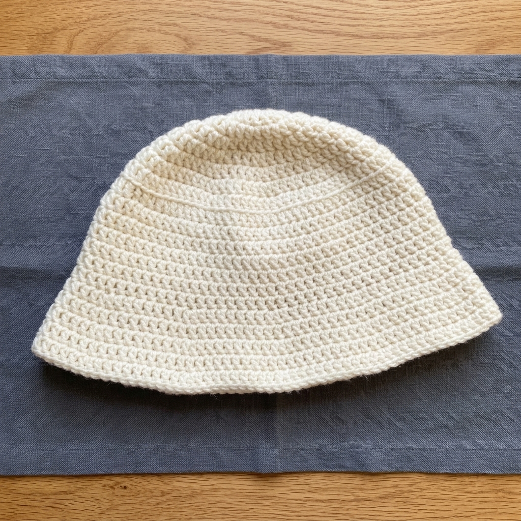 Flat lay view of the white crochet bucket hat showing its straight brim