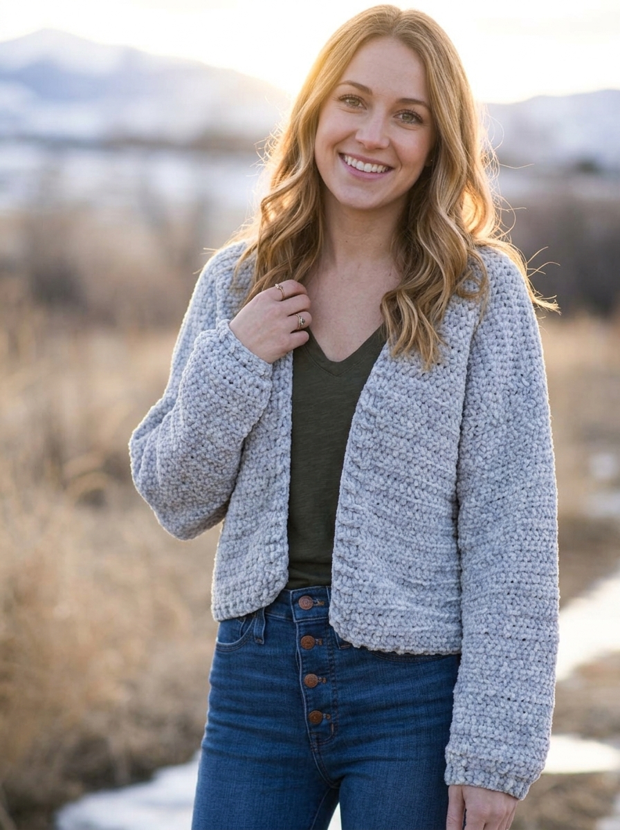 Silver plush velvet bomber sweater from our beginner crochet cardigan patterns