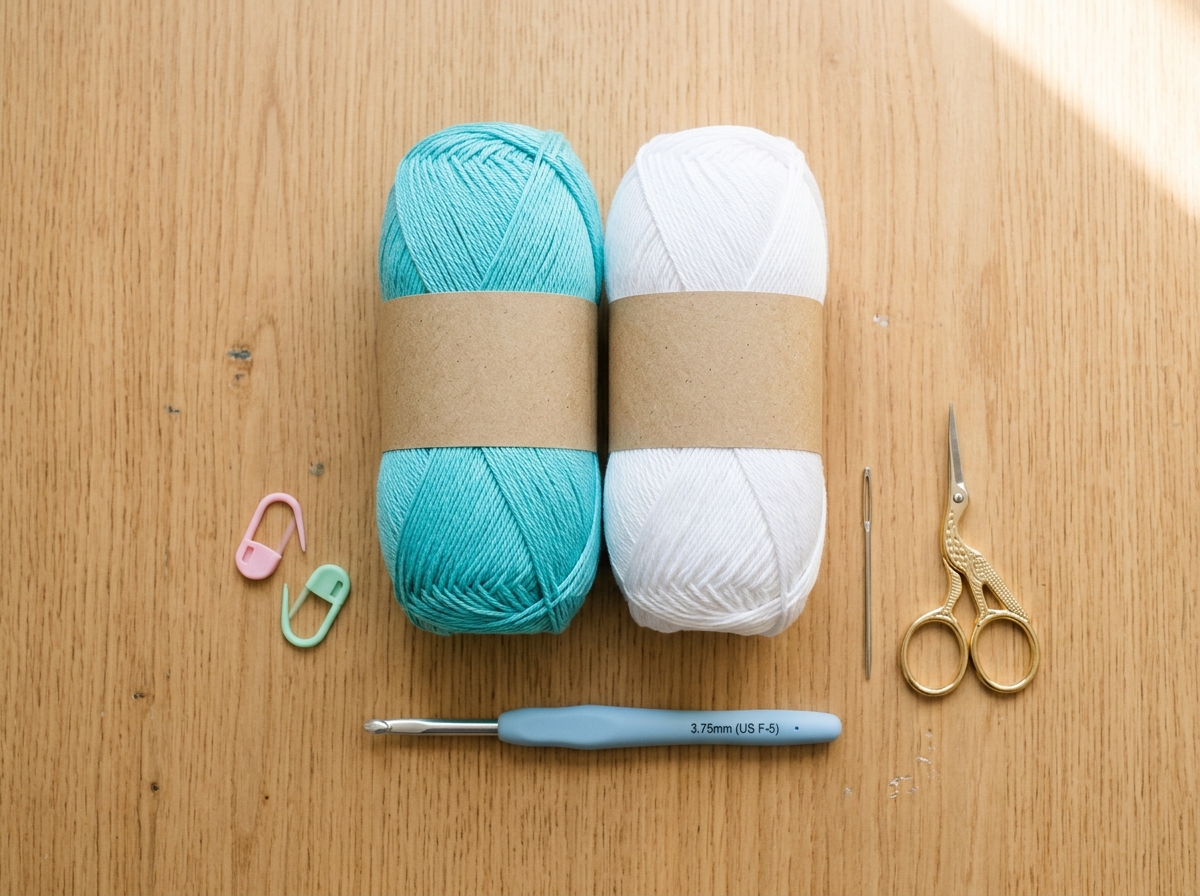 Aqua and white mercerized cotton yarn skeins, 3.75 mm crochet hook, tapestry needle, stitch markers, and scissors