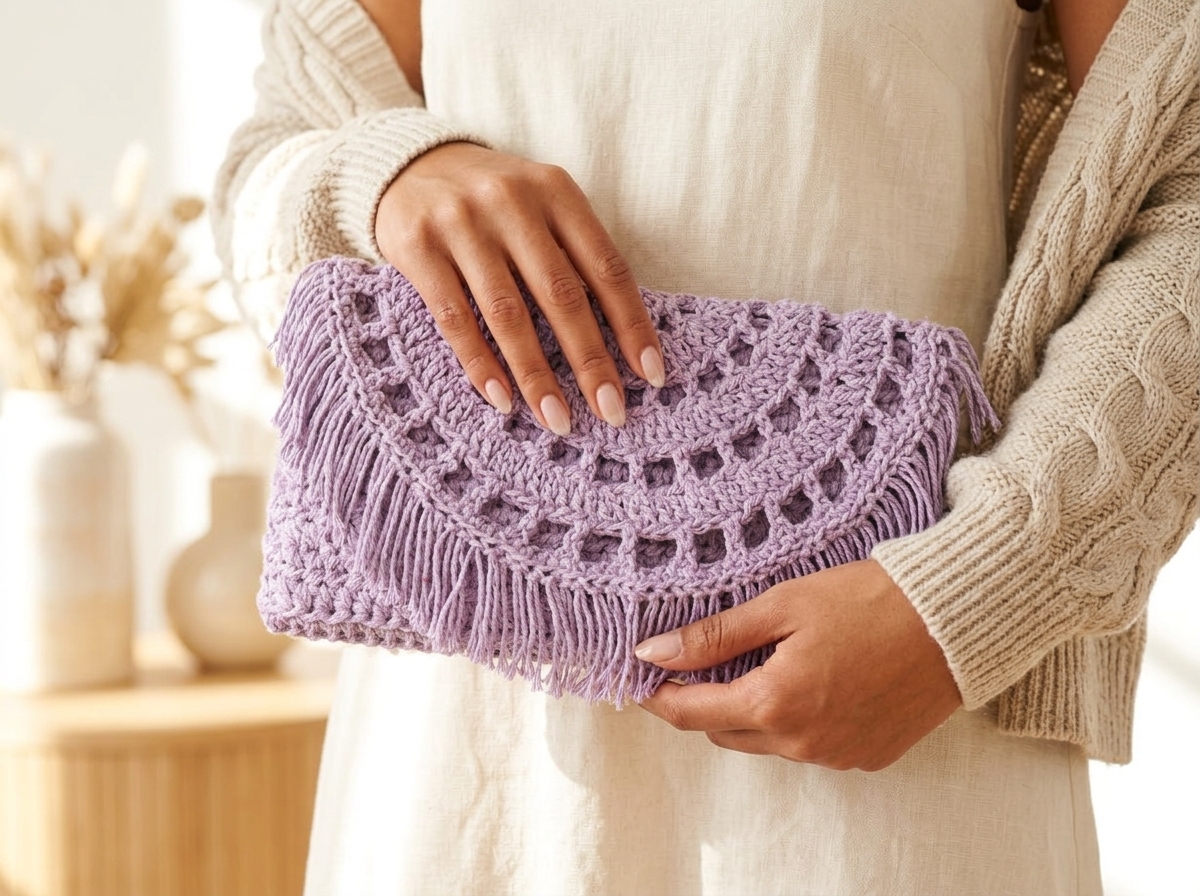 Close-up view of the semi-circle openwork flap and fringe on the crochet clutch bag pattern.