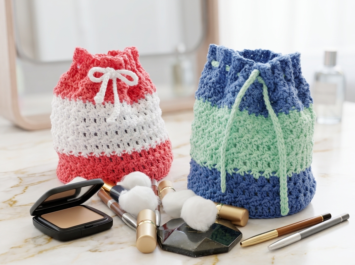 Coral pink and white pouch beside a blue and mint crochet makeup bag pattern on a marble vanity.