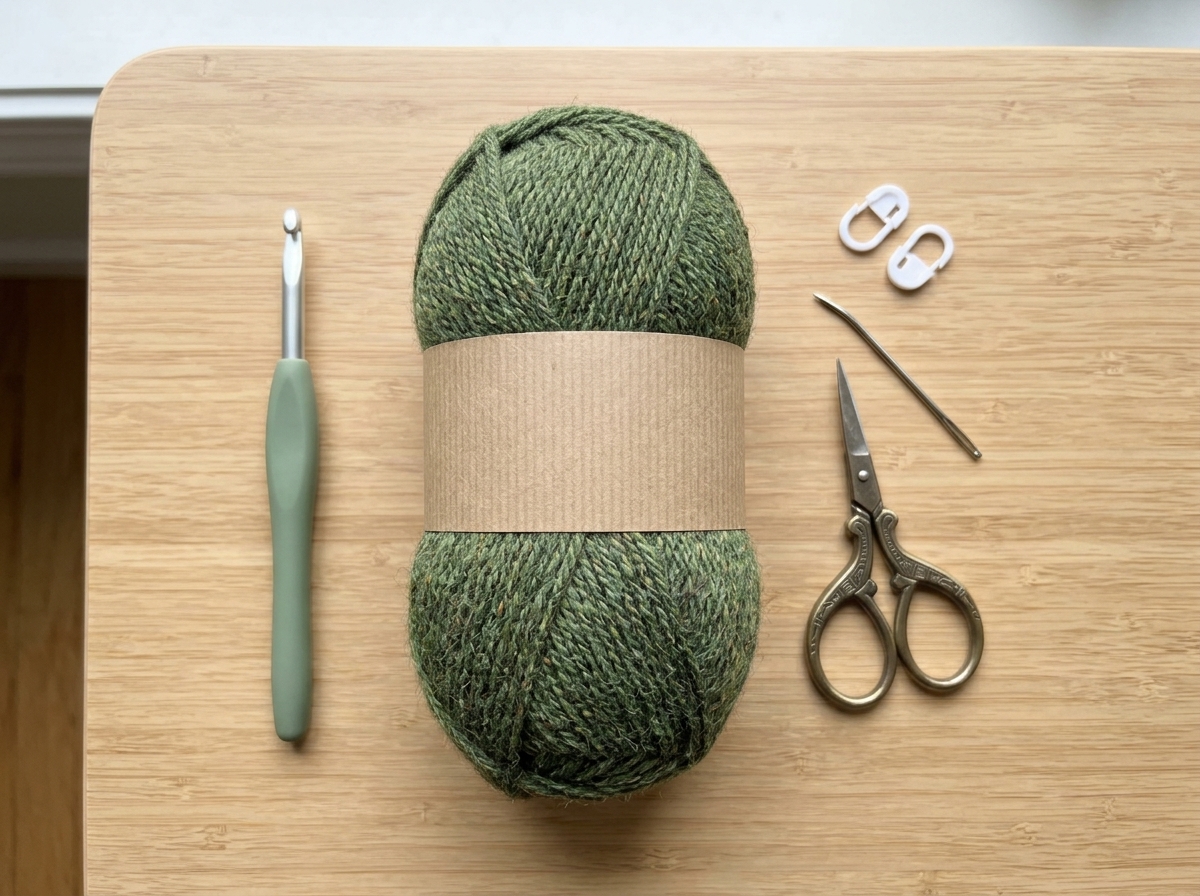 Forest green worsted yarn skein, 5.5 mm crochet hook, brass scissors, bent-tip yarn needle, and white stitch markers
