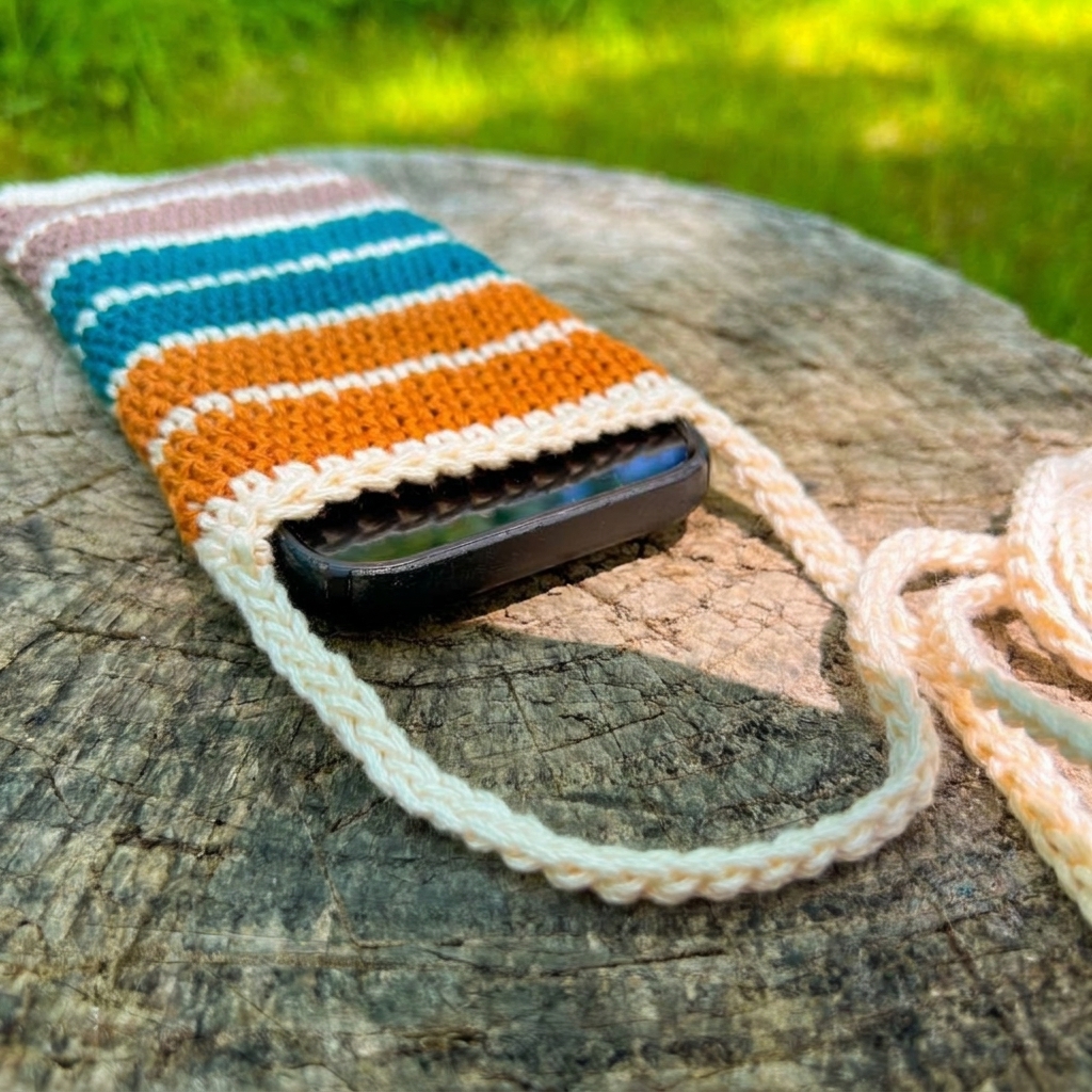 Angled close-up of striped crochet phone pouch pattern holding a cell phone on rustic wood