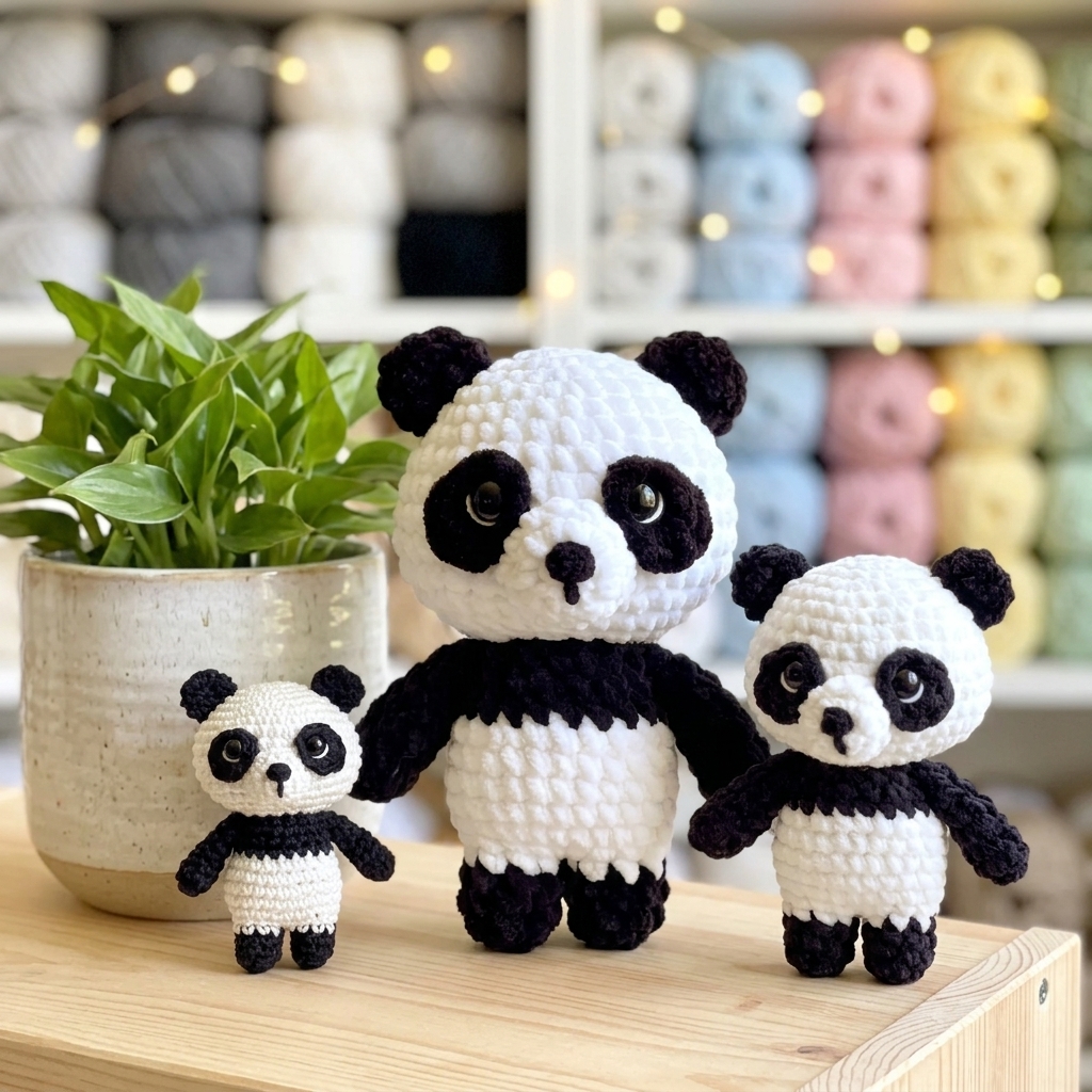 Three panda amigurumi sizes 10 cm, 21 cm, and 14 cm sitting on a wooden craft shelf