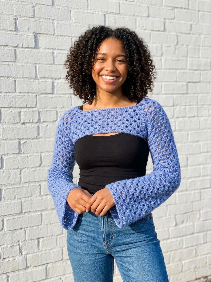 Periwinkle blue granny stitch crochet shrug bolero with wide square neckline and relaxed long sleeves