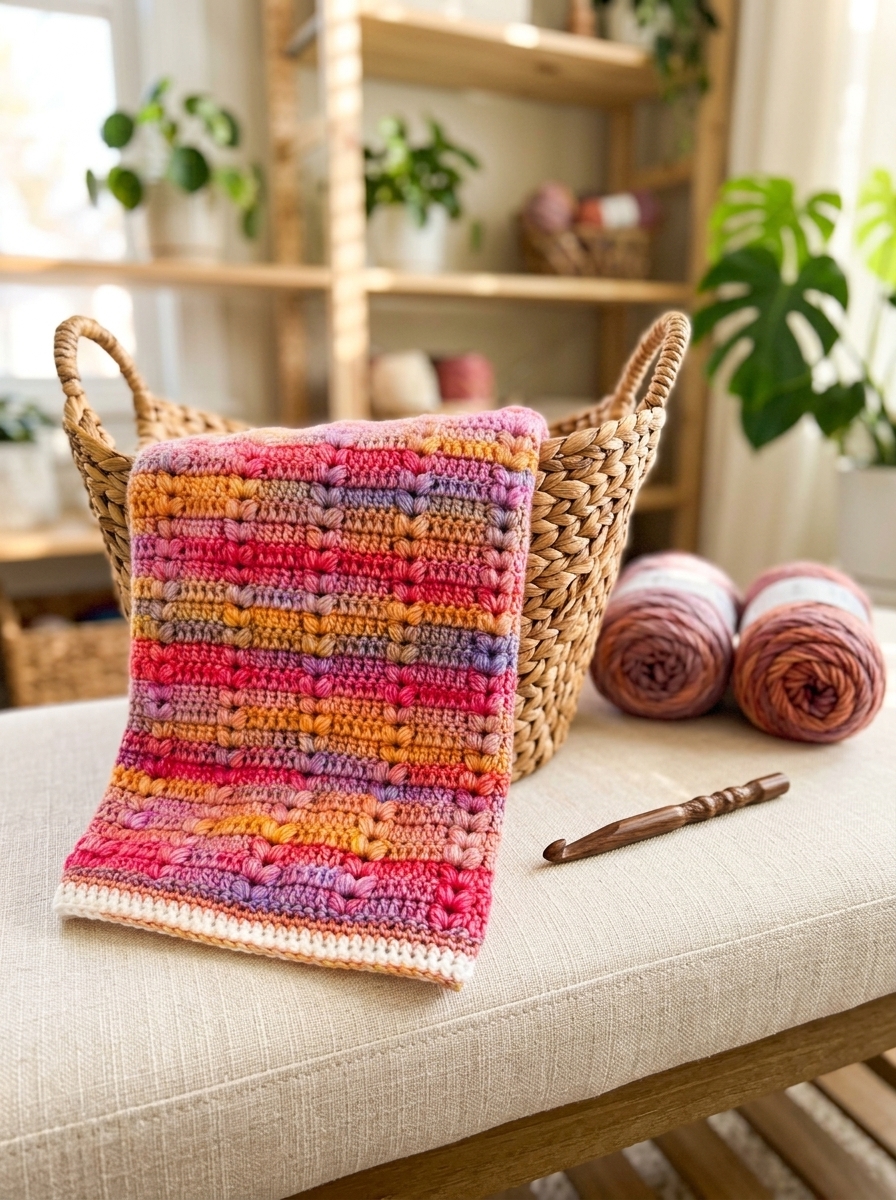 Folded puff stitch crochet blanket in a woven basket next to yarn skeins and a wooden hook