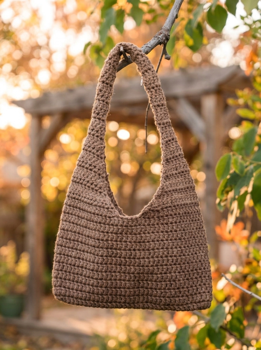 brown crochet shoulder bag hanging from a garden branch