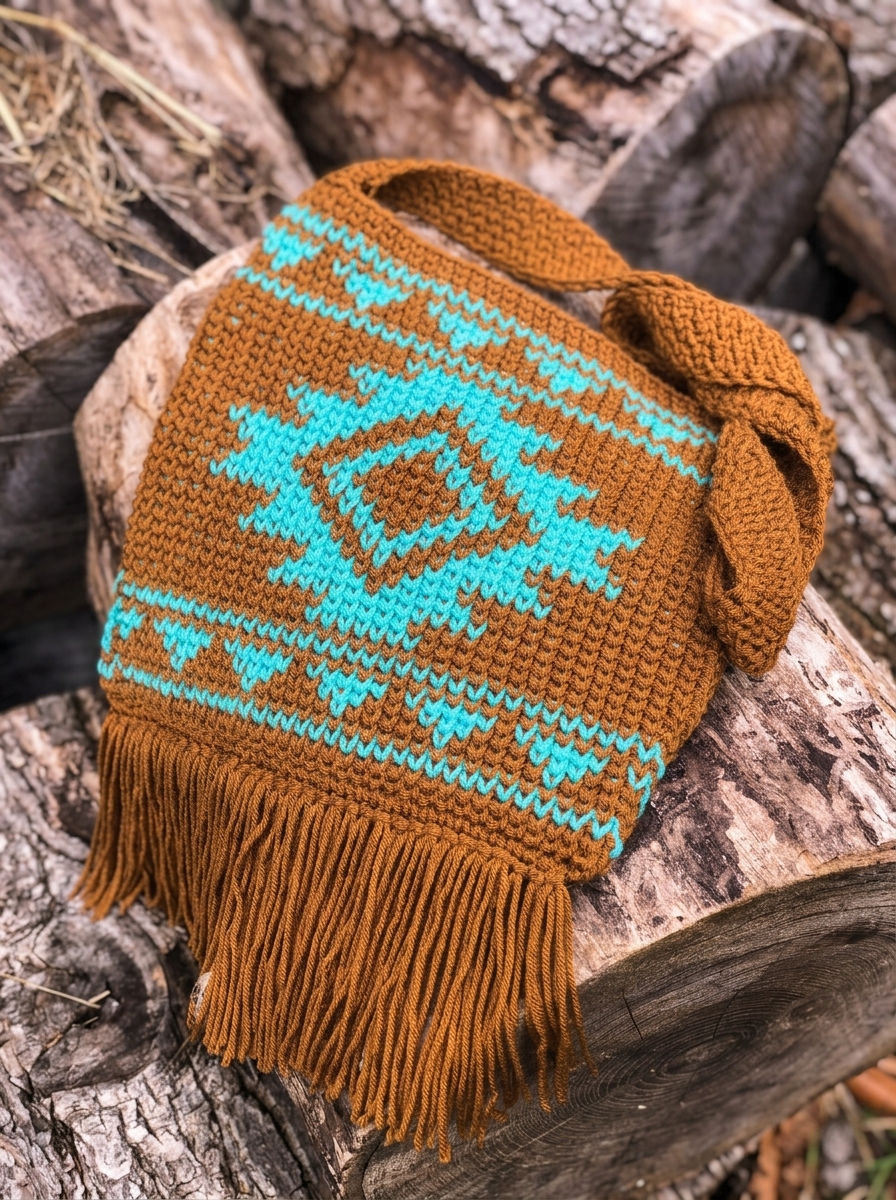 Finished Southwest tapestry crochet crossbody bag pattern with turquoise diamond motif and bottom fringe on rustic logs
