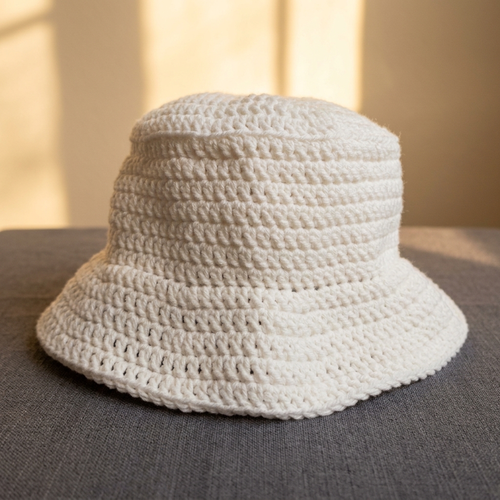 Structured white crochet bucket hat showing the back loop crown bend and front loop brim fold