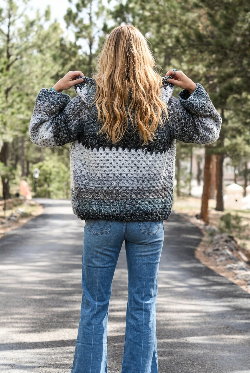 Riptide striped granny stitch hoodie from our crochet cardigan patterns guide