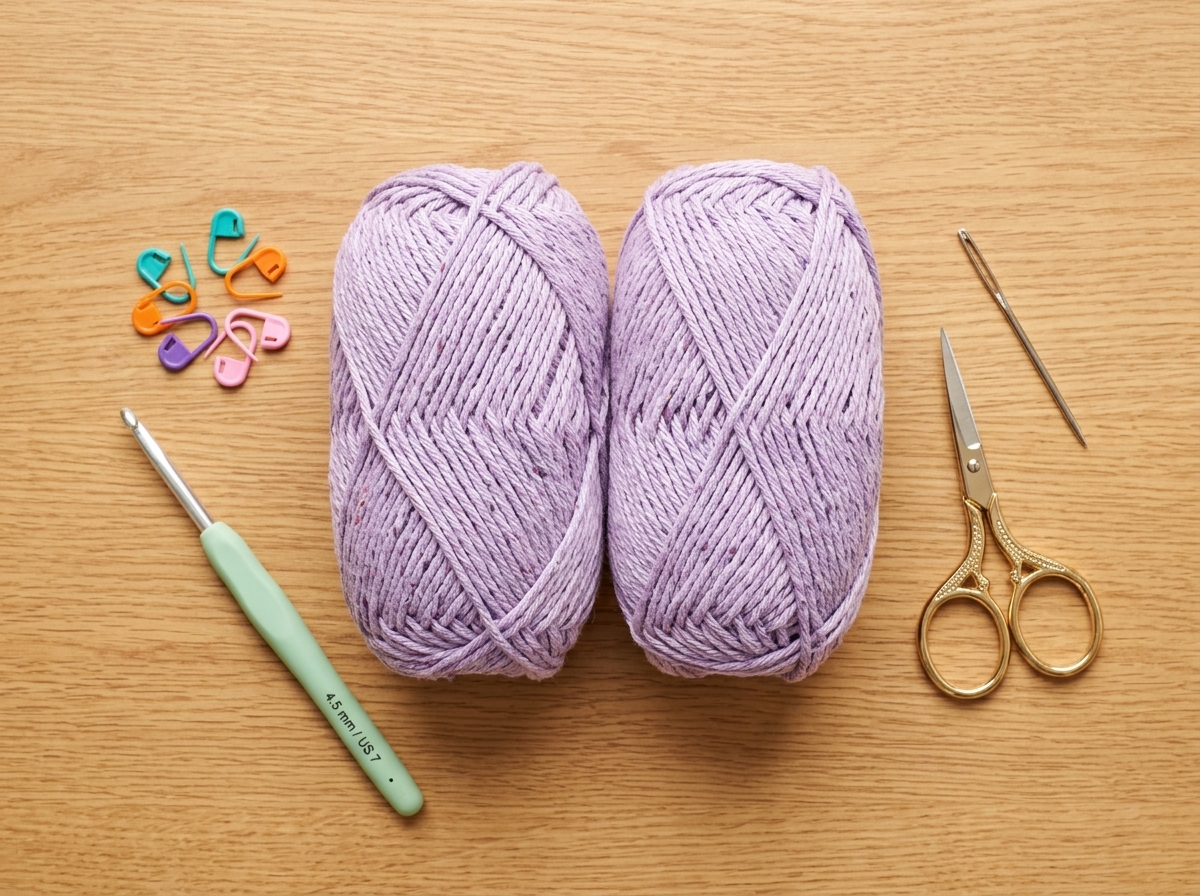 Two orchid lavender recycled cotton yarn balls, 4.5 mm hook, and stitch markers for the crochet clutch bag pattern.