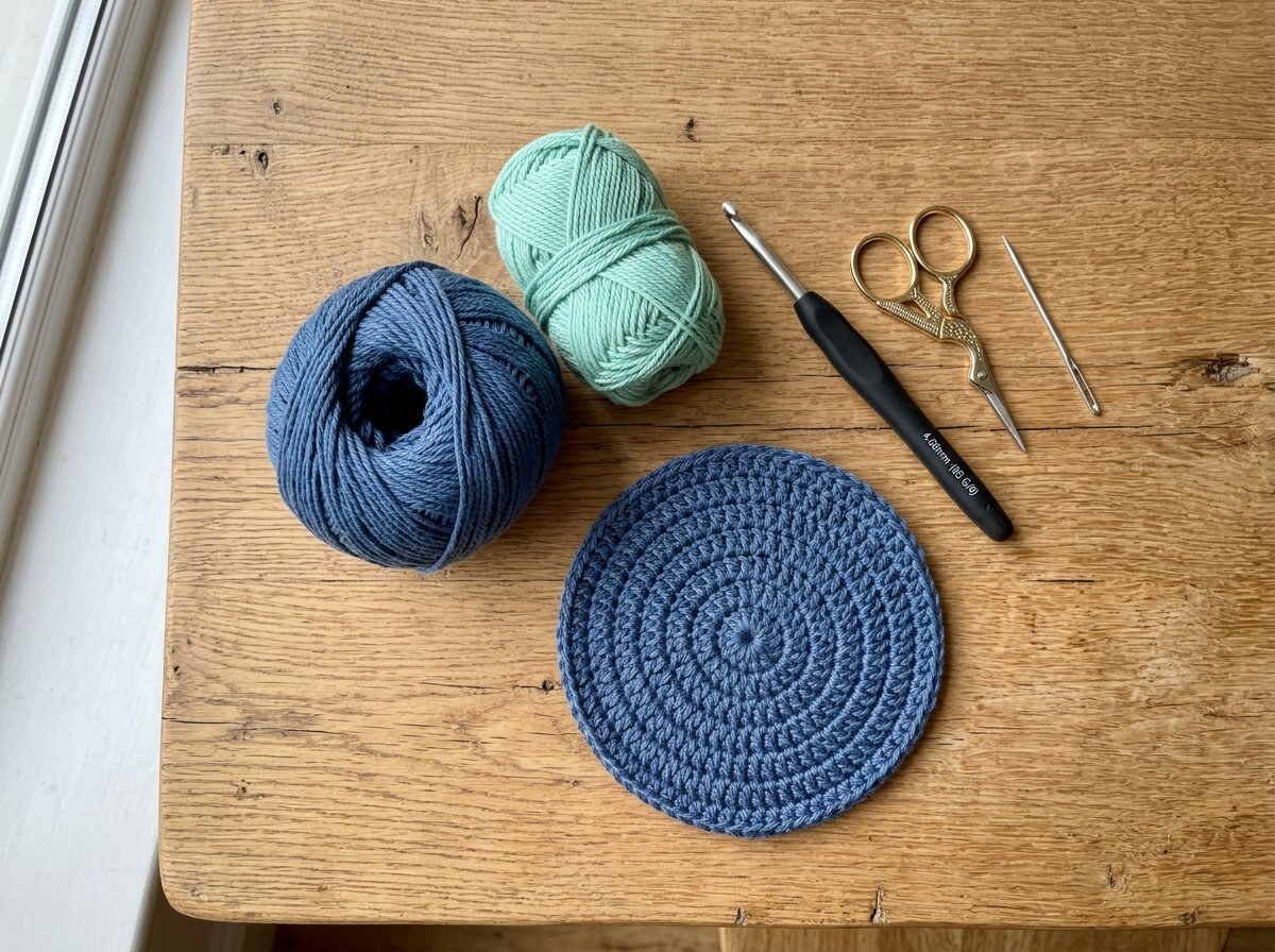DK cotton yarn balls, 4.00 mm hook, scissors, and circular base for the crochet makeup bag pattern.