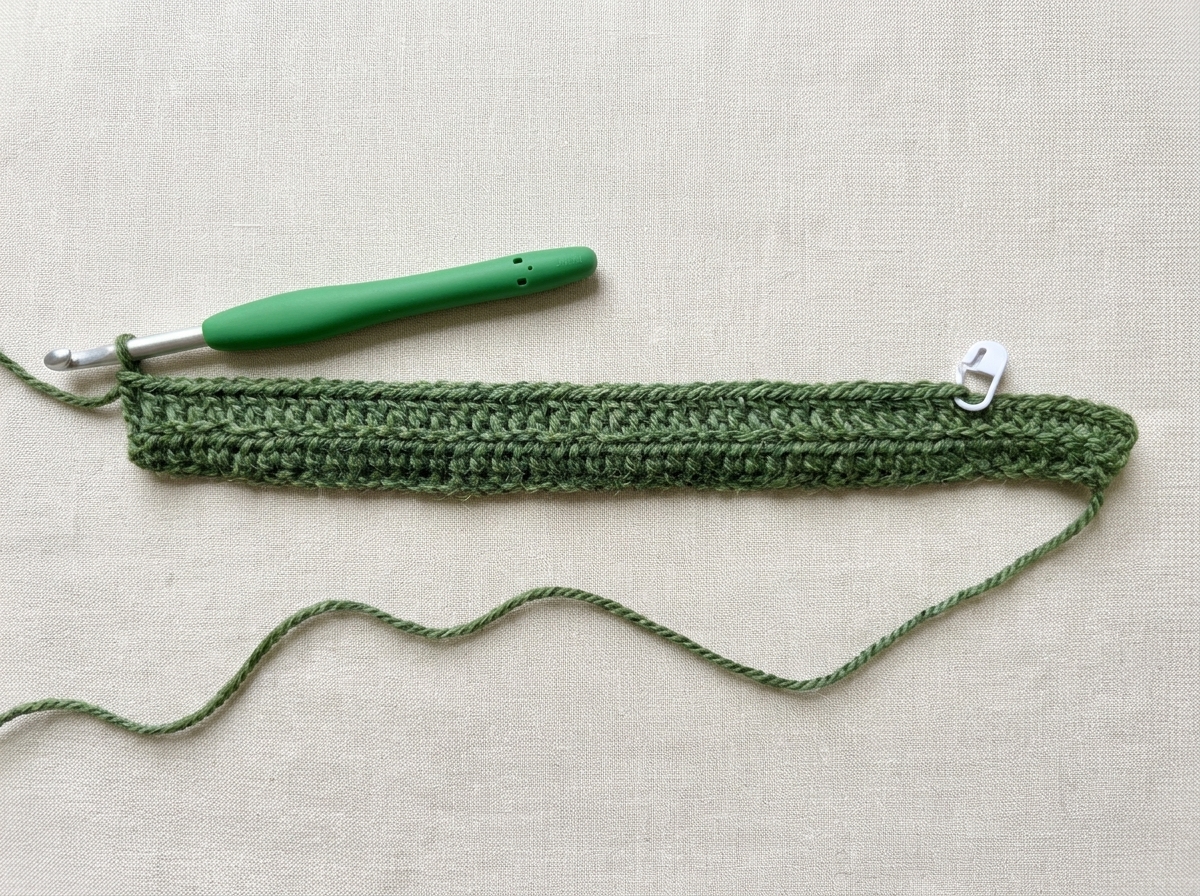 Row 2 of the forest green crochet ribbed beanie showing 45 hdc blo stitches, a white stitch marker, and 5 sc blo crown stitches