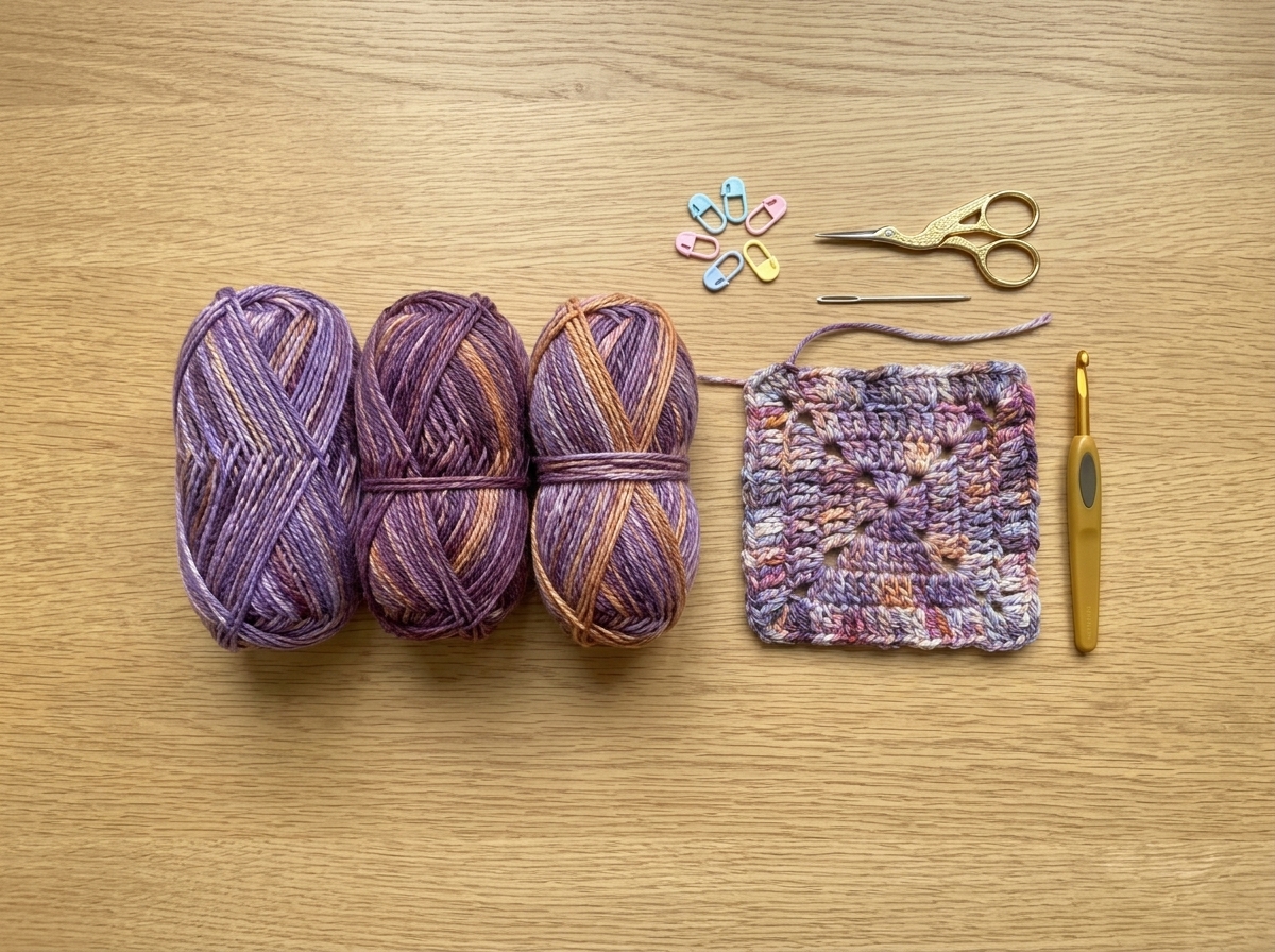 Variegated purple and amber worsted yarn skeins, 6.0 mm crochet hook, granny gauge swatch, stitch markers, and scissors