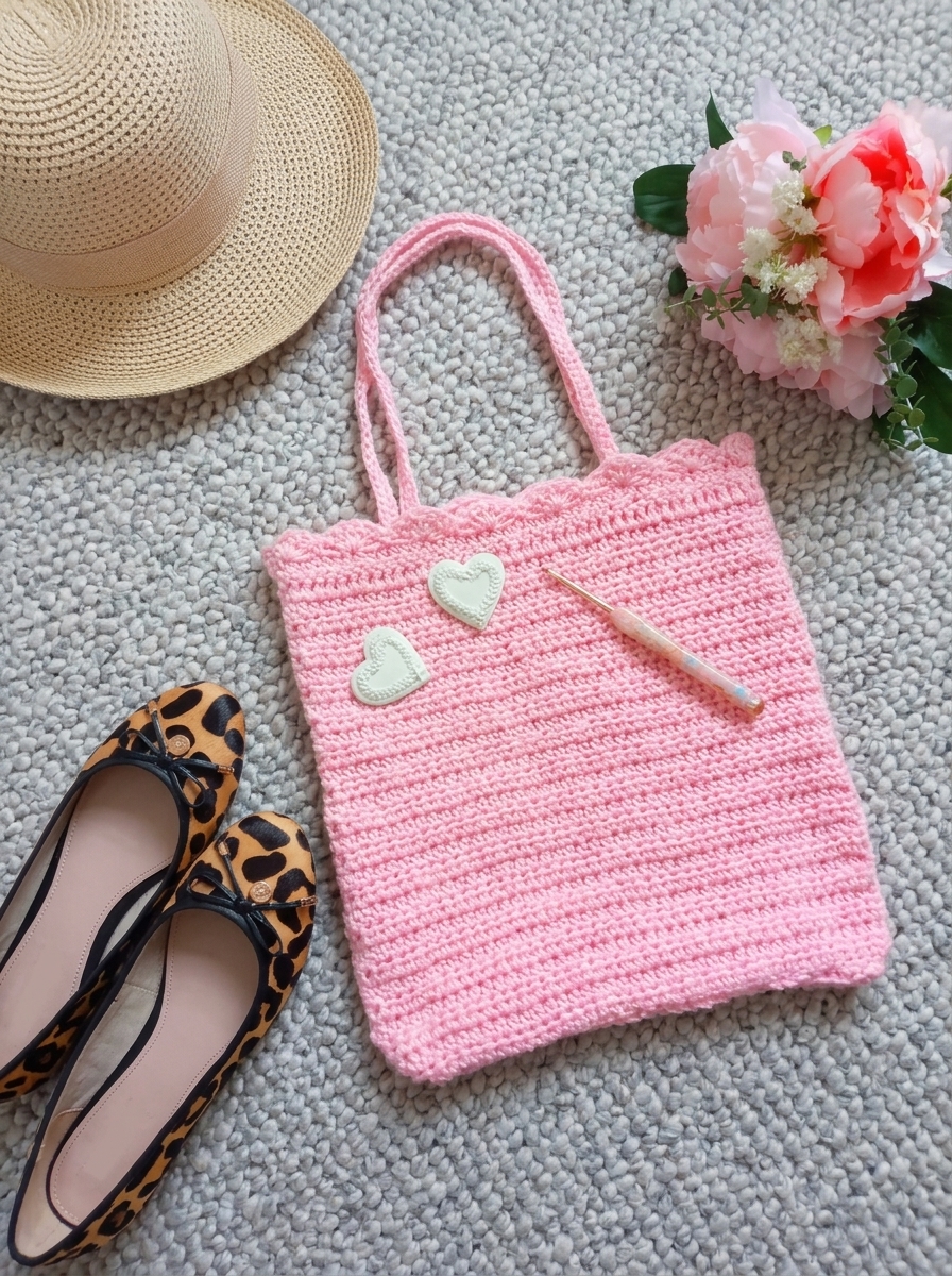 Angled spring styling of the light pink crochet tote bag pattern with white ceramic hearts and crochet hook