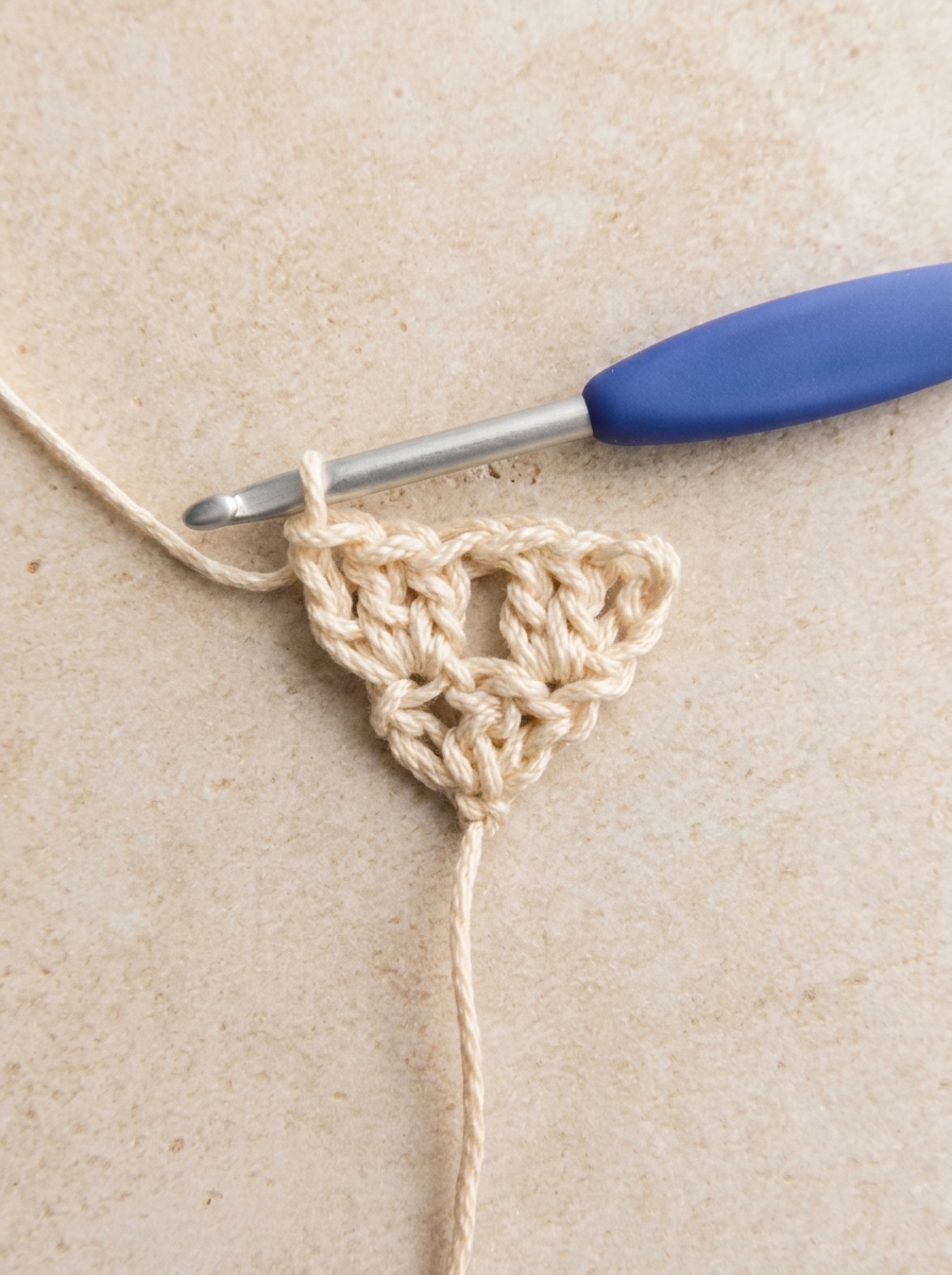 Row 2 of crochet bandana pattern showing two granny clusters forming a small cotton triangle