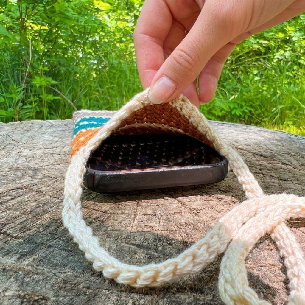 Interior view of crochet phone pouch pattern showing snug smartphone fit and neat cotton stitches