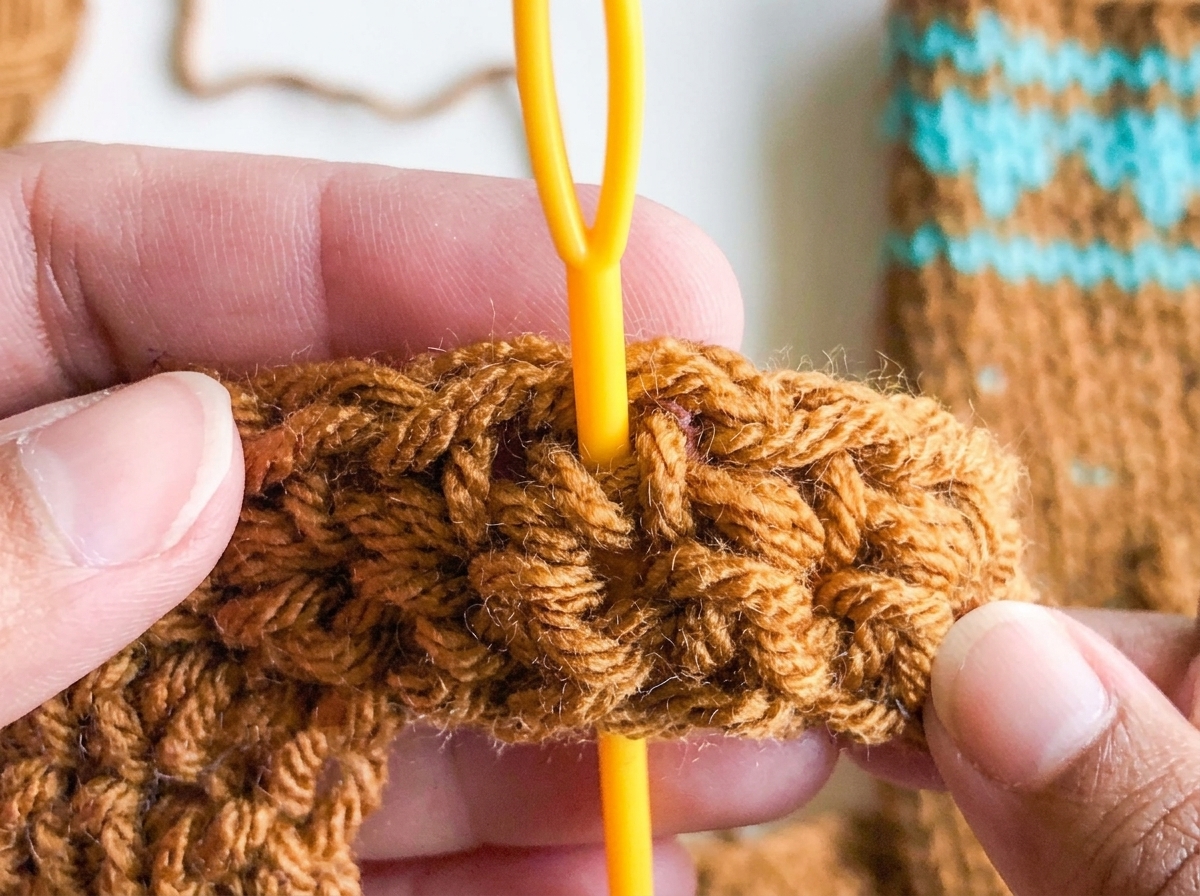Macro tutorial for the crochet crossbody bag pattern showing a yellow needle inserted into the center V of a waistcoat stitch