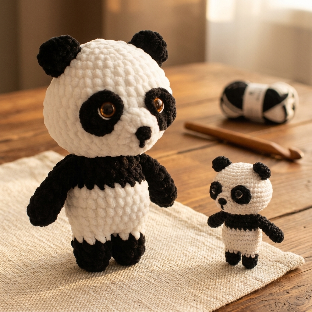 Finished crochet panda plushie and mini cotton panda on a woven linen craft mat
