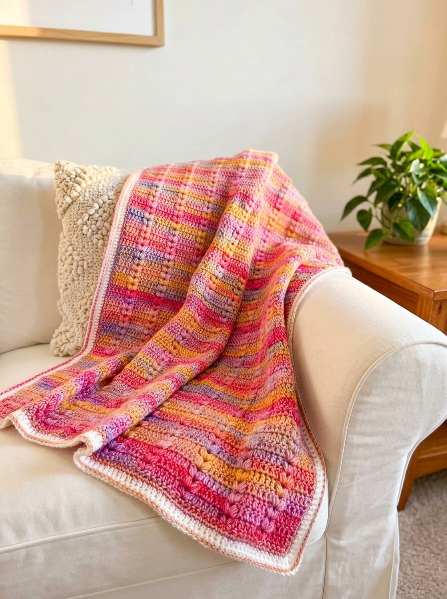 Full length view of the variegated puff stitch crochet blanket draped over a cozy white chair