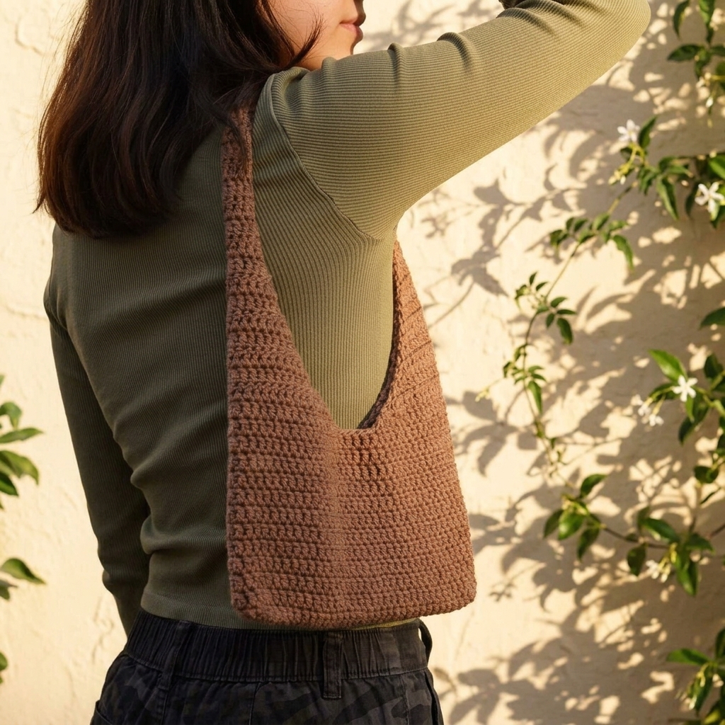 simple crochet shoulder bag styled with an olive green top
