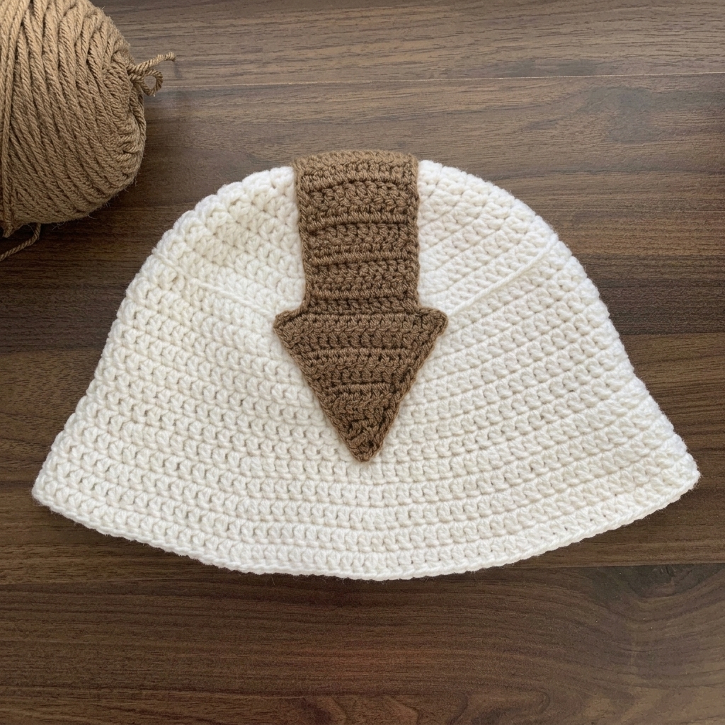 White crochet bucket hat customized with a brown arrow applique