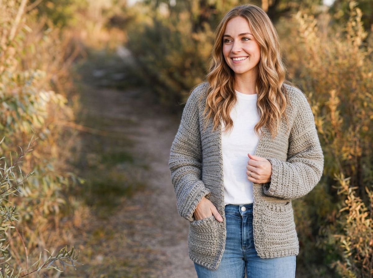 Taupe boyfriend sweater with pockets from our crochet cardigan patterns list