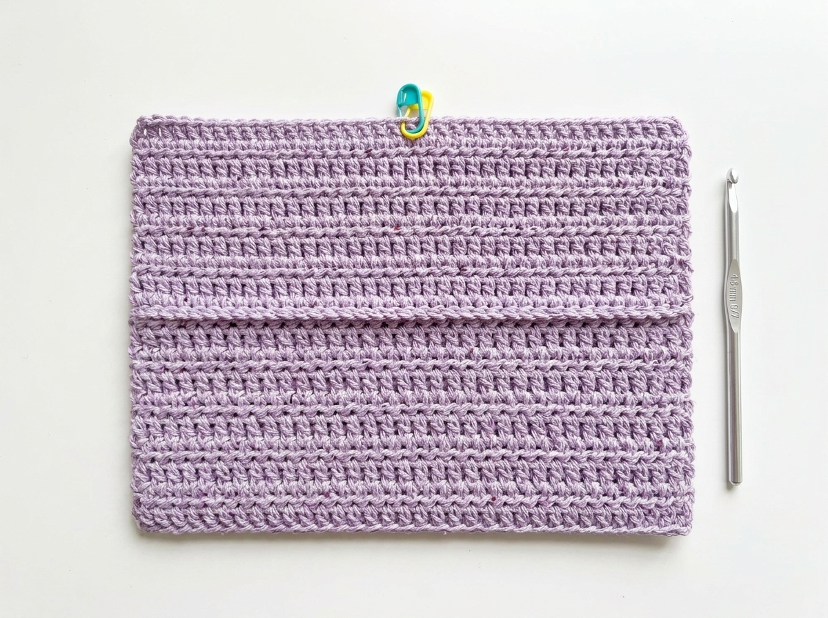 Flat 24-row lavender body panel with center stitch marker for the crochet clutch bag pattern.