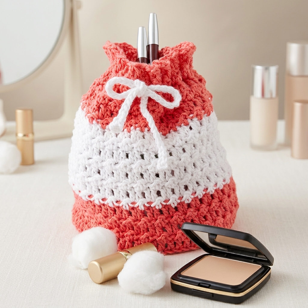 Coral pink and white crochet makeup bag pattern tied with a white drawstring bow next to a powder compact.