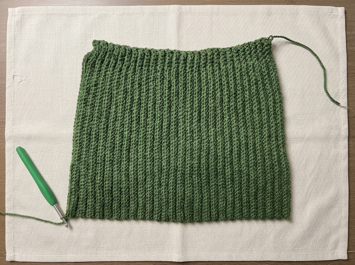 Completed 54-row forest green ribbed crochet rectangle tapering from 34.5 cm at the brim to 25 cm at the crown