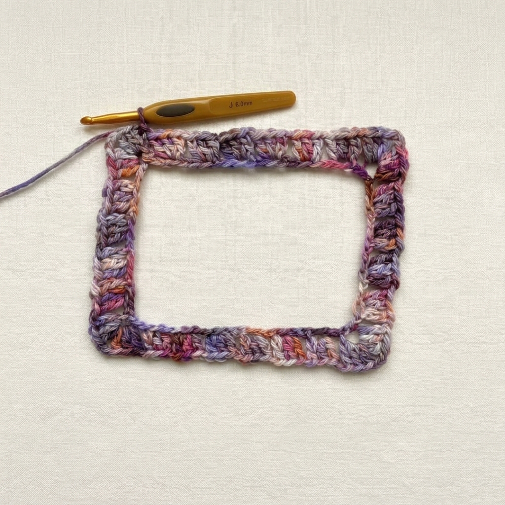 Round 1 rectangular granny stitch raglan yoke for the crochet shrug bolero laid flat with a 6.0 mm hook