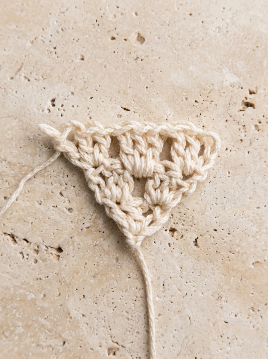 Row 3 of crochet bandana pattern with three double crochet granny clusters in cream cotton yarn