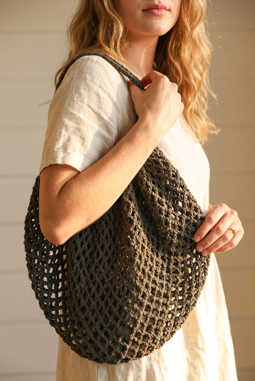 Carrying the mesh market crochet bag comfortably over the shoulder