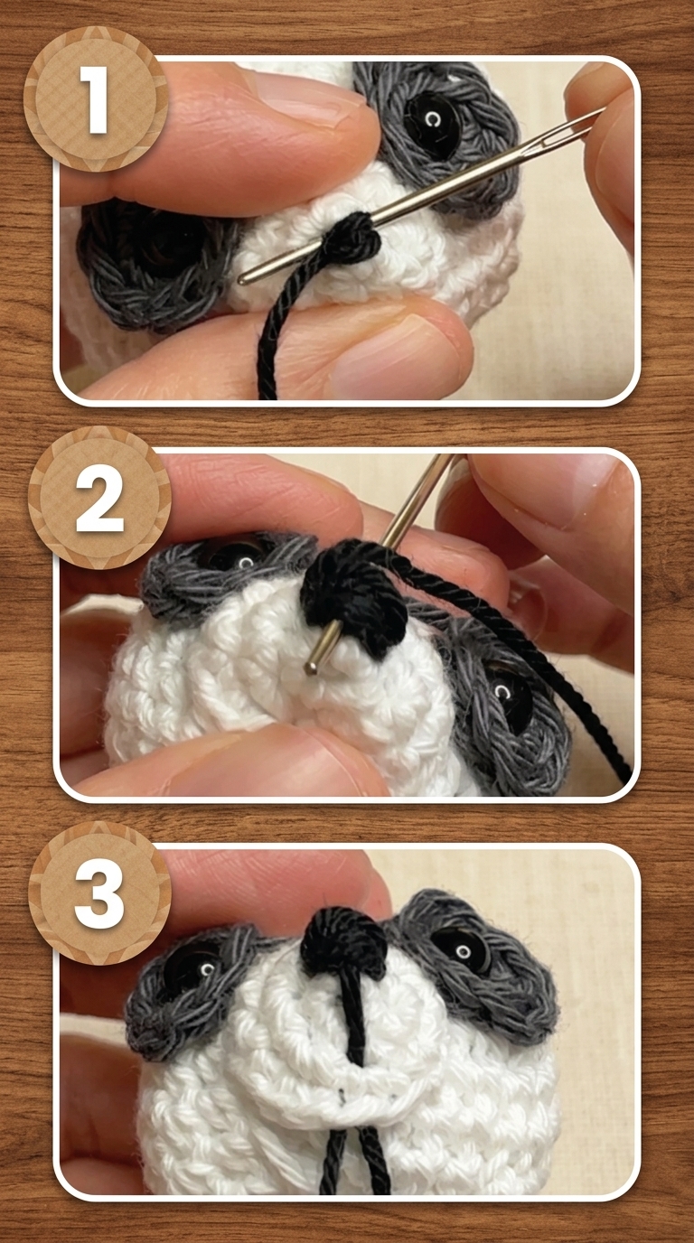 Photos 1 to 3 showing how to embroider the panda nose in this free panda crochet pattern