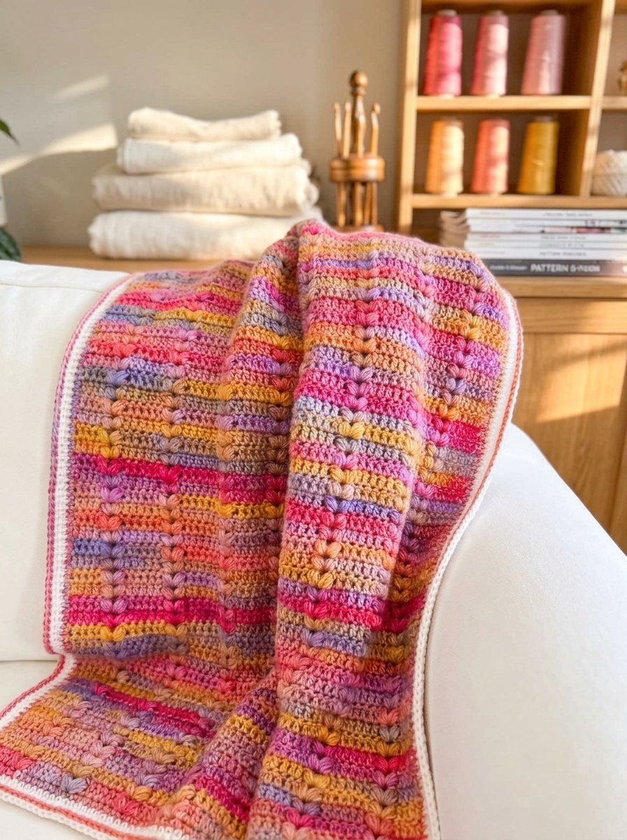 Close up macro detail of the V-shaped heart puffs in the puff stitch crochet blanket