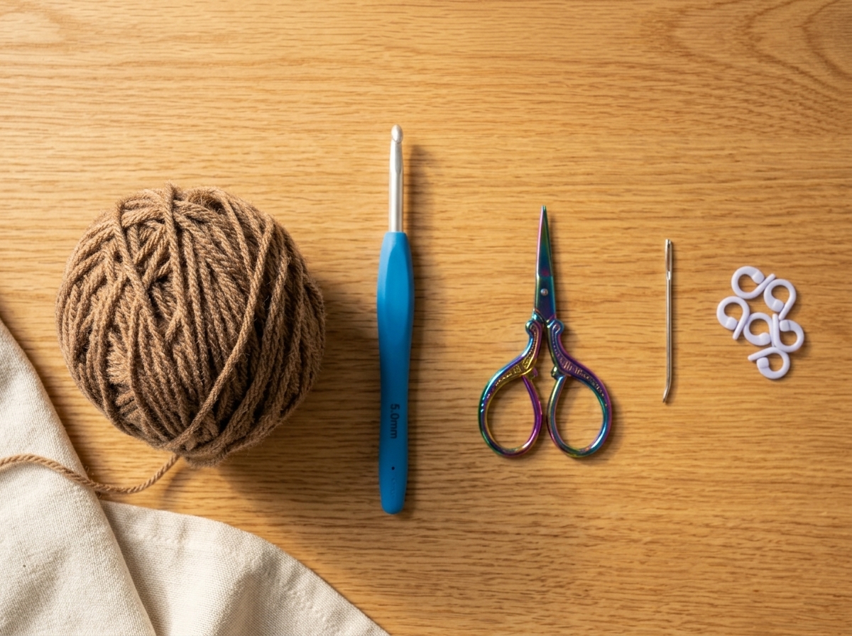 materials for crochet shoulder bag including cafe latte yarn and 5mm hook