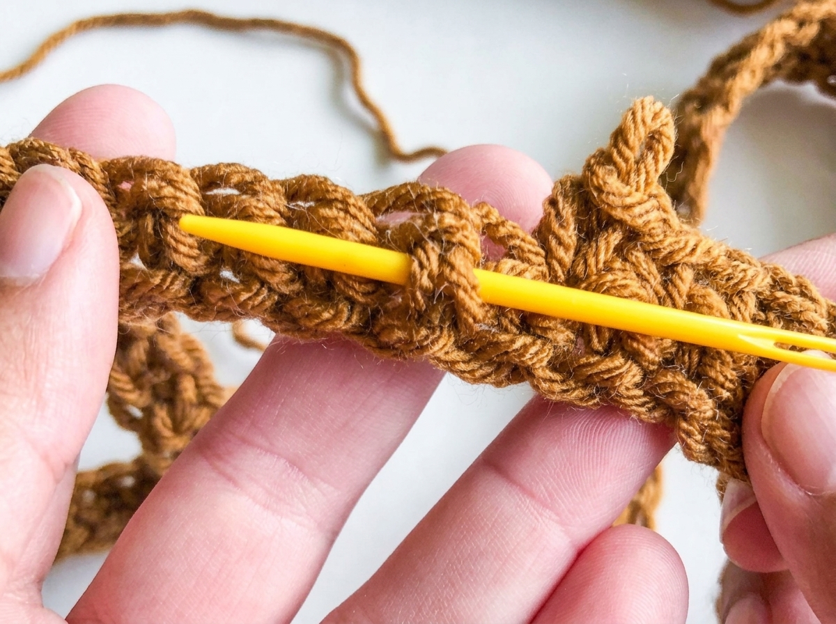 Macro tutorial for the crochet crossbody bag pattern showing the upside down V post on the wrong side of turning rows