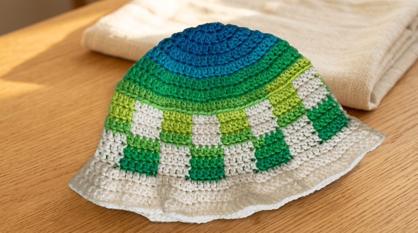 Blue and green checkered crochet bucket hat variation on a wooden table