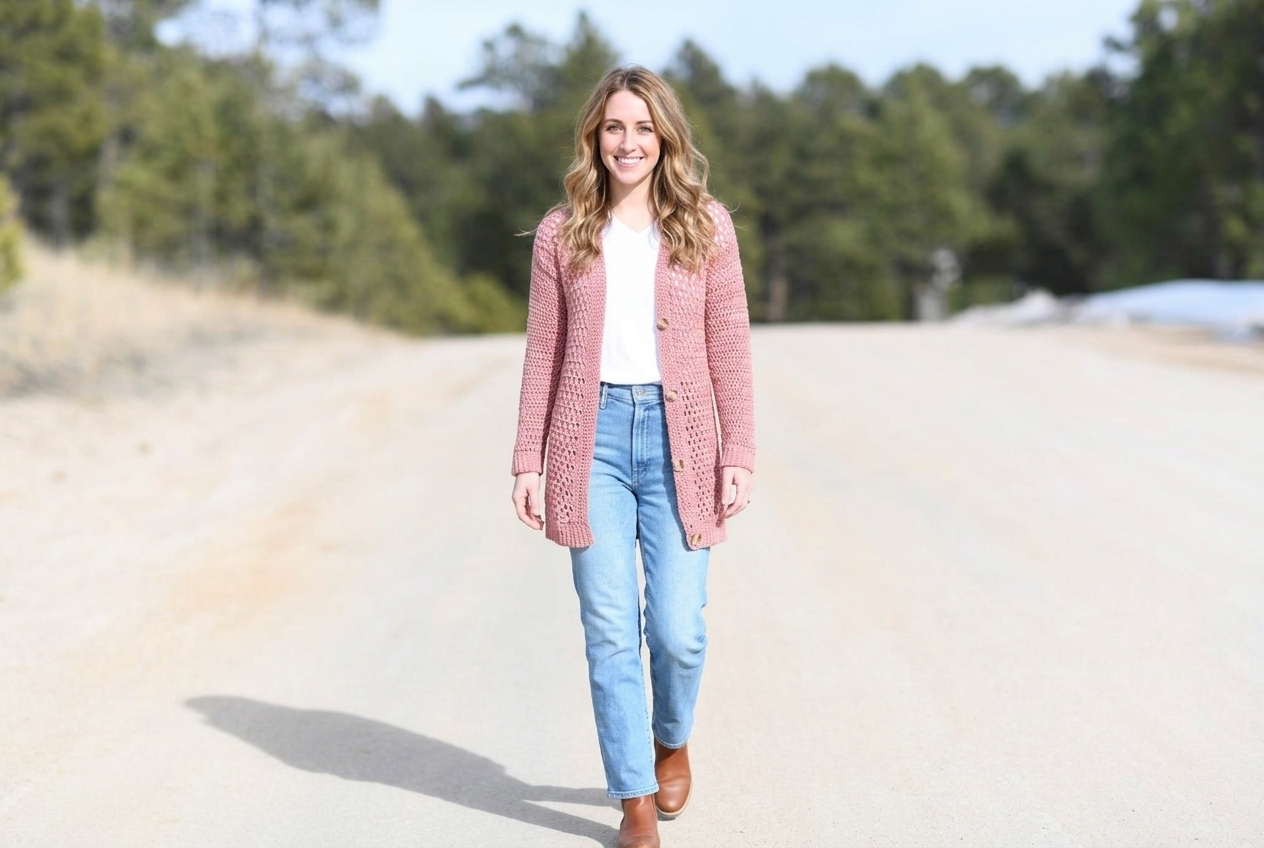 Dusty rose pink V-stitch sweater from our light crochet cardigan patterns