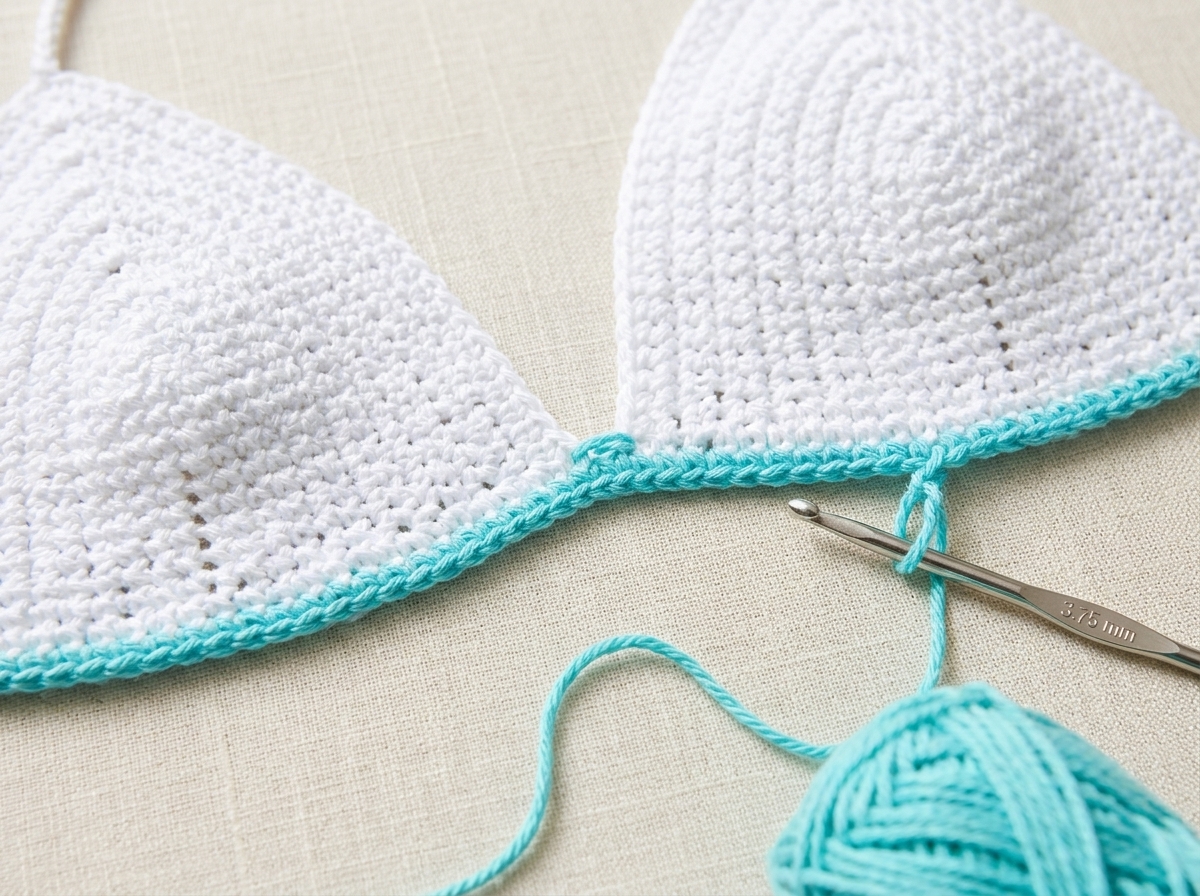 Joining the flat bottom edges of two white crochet bikini cups with aqua single crochet stitches and a center ch-1 bridge