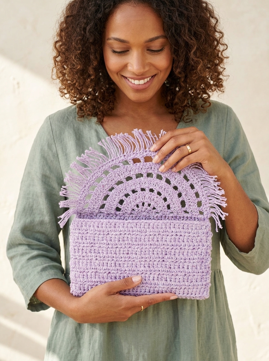 Woman lifting the open lacy semi-circle fringed flap of the lavender crochet clutch bag pattern.